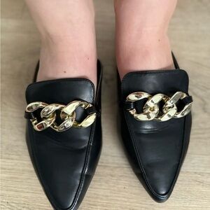 Black Leather Mules with Gold Chain
